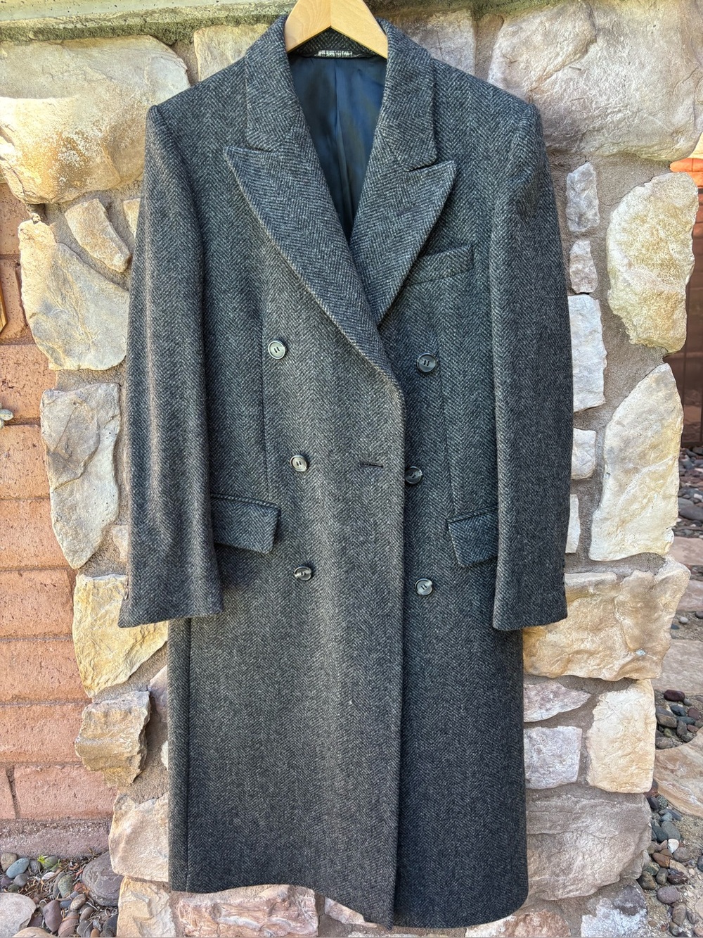 VTG Cutters & Tailors Gray Herringbone Wool Overcoat 36R Double Breasted